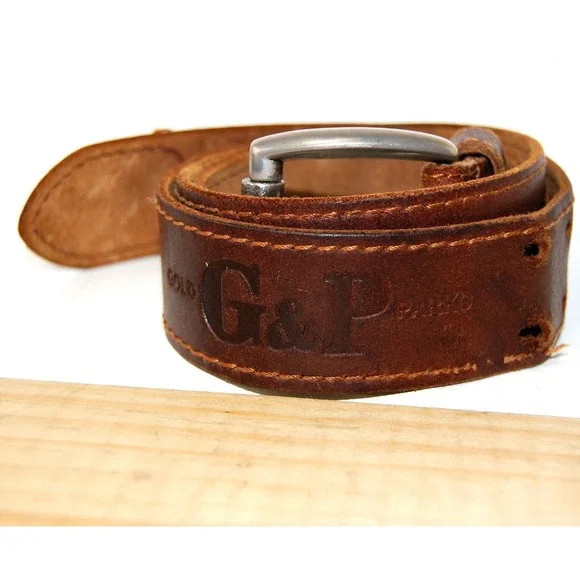 Brown leather belt size 40 Gold‎ & Parko logo embossed accessory double prong