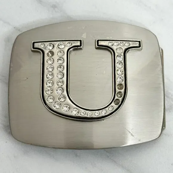 Rhinestone Studded U Letter Initial Monogram Silver Tone Belt Buckle
