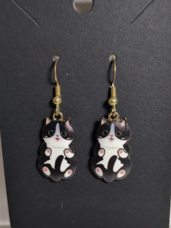 Gold-Accent Black & White Cat Dangle Earrings - Cute Cat Design