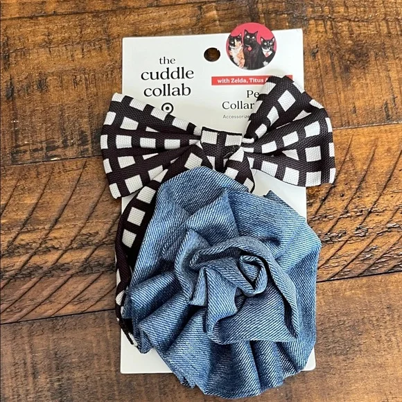 Pet Collar Slider Bow and ruffle Set - Black and Blue