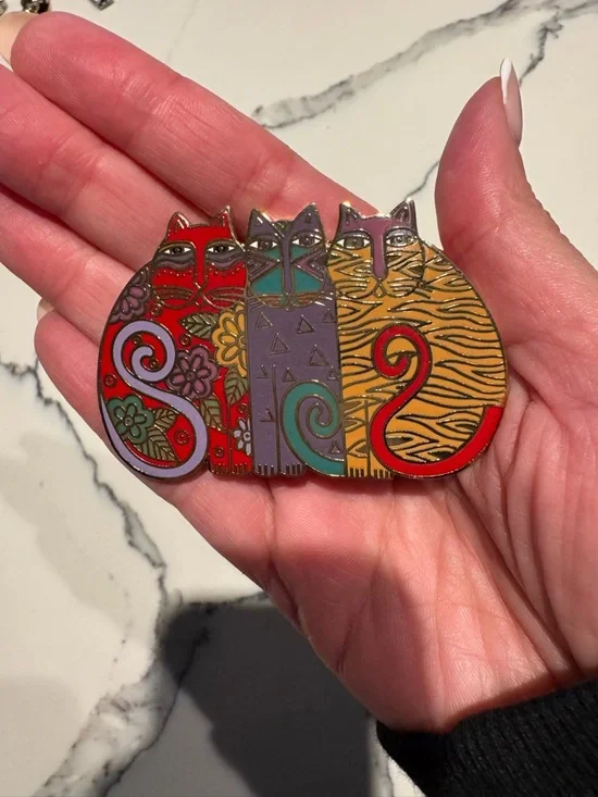 Laurel Burch Multicolor Three Cats Enamel Pin - Red, Purple, Teal, Gold
