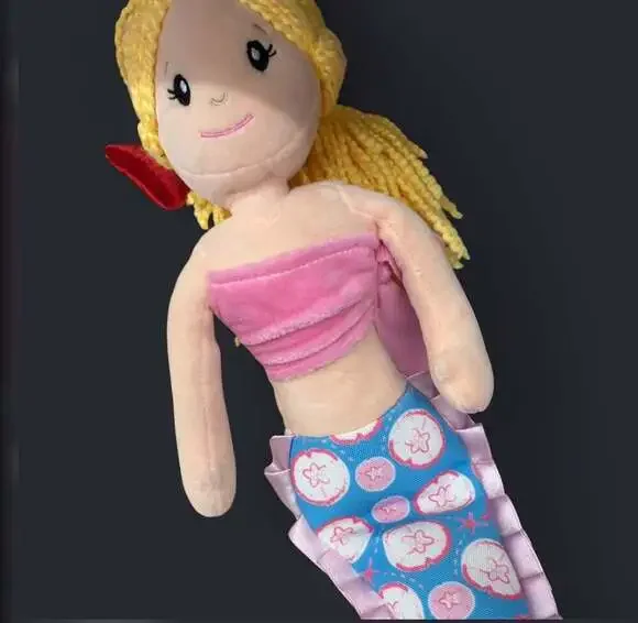 The Preppy Pelican Blonde Mermaid Plush Doll Pink and Blue Sand Dollar Print