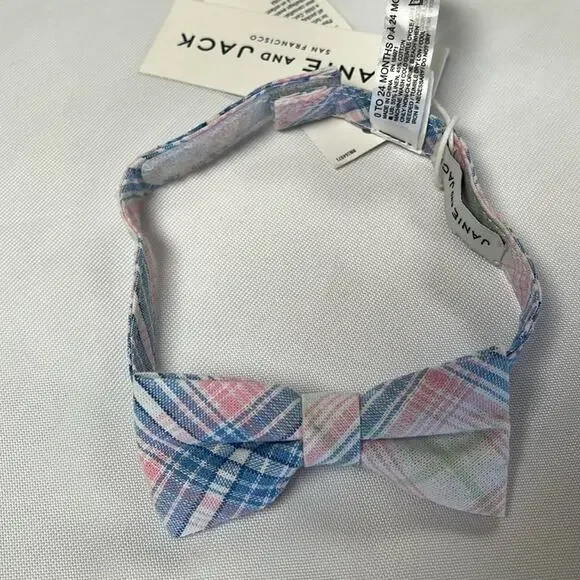 Janie and Jack Bowtie Linen Plaid Adjustable Blue Pink White Baby Toddler 0-24M
