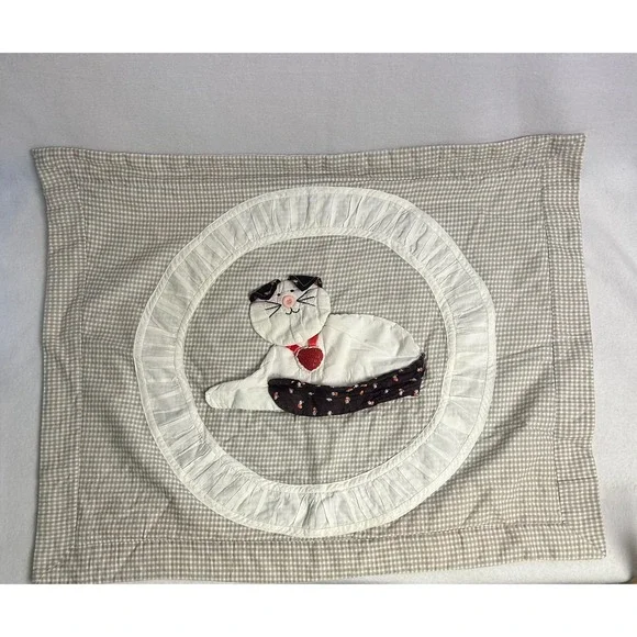 Crazy Cat Lady Handmade Tan Gingham Quilted Cat Ruffle Pillow Sham Cover