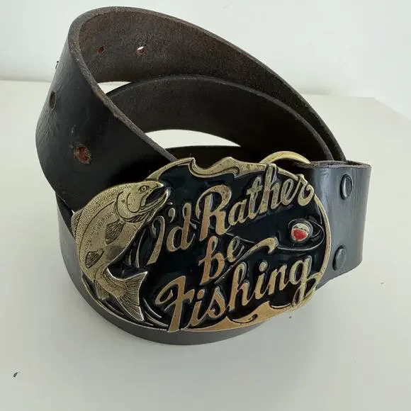 VIntage I‘d Rather Be Fishing Belt Buckle 523 Made in USA Harness leather‎ 36”