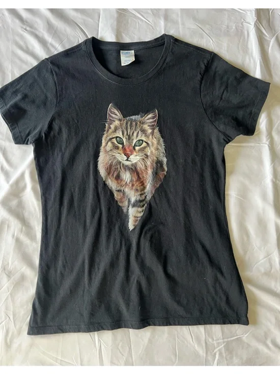 Port Authority Black Tee with Brown Tabby Cat Graphic