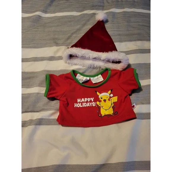 Build-A-Bear Pokémon Pikachu Happy Holidays Shirt & Santa Hat Christmas