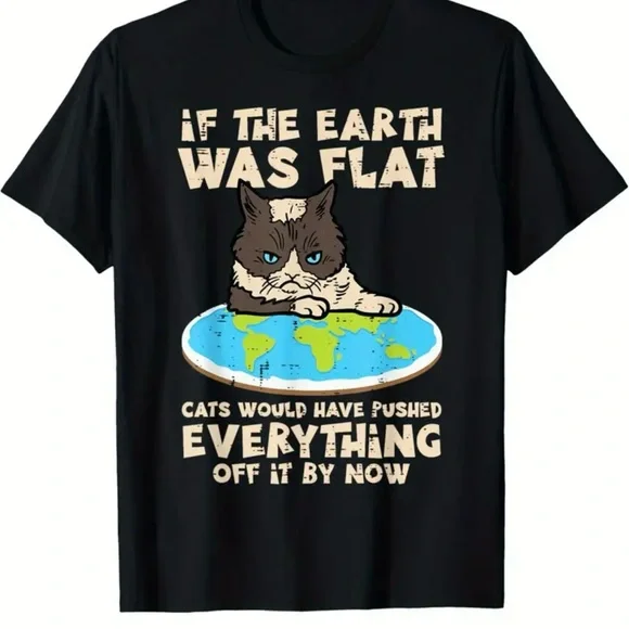 Funny Black Cat Flat Earth T-Shirt