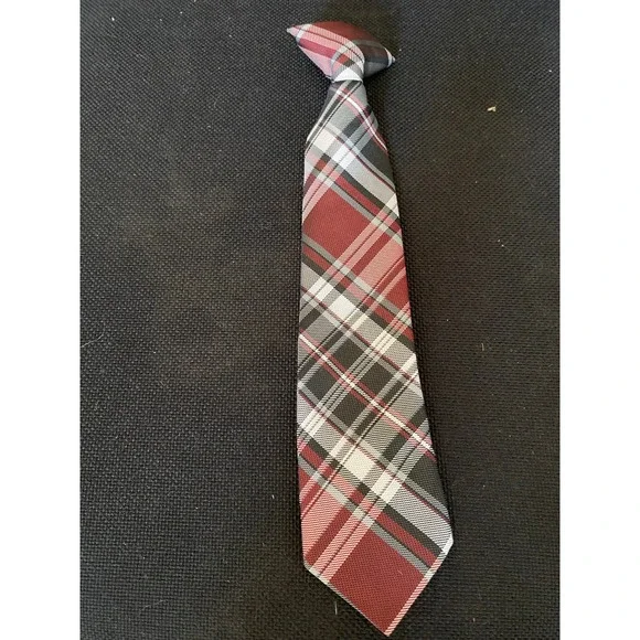 Red Black White Plaid Clip-On Necktie Polyester Formal School Uniform Tie