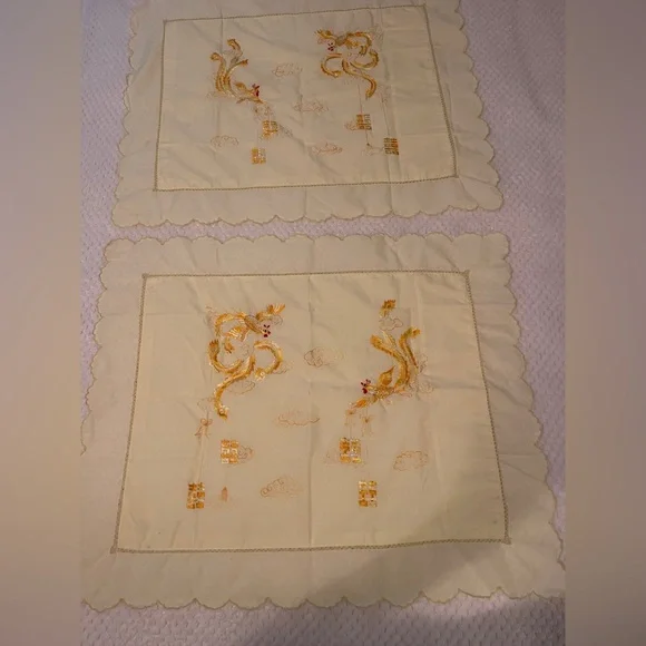 Vintage yellow Phoenix dragon embroidered set of 2 standard pillow shams.