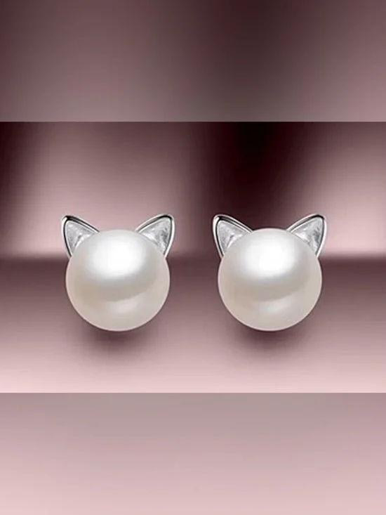 Pearl Cat Ear Stud Earrings Women's bling