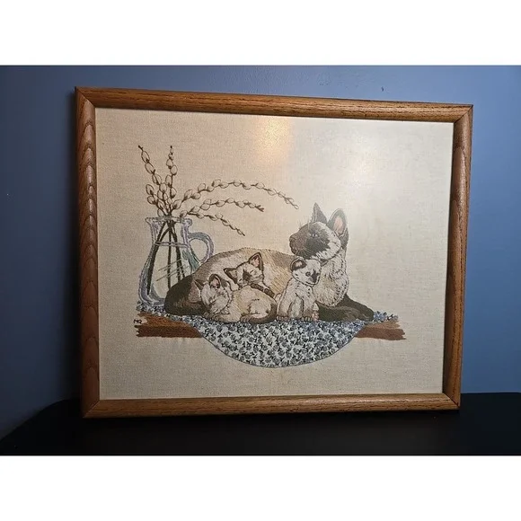 Mother's Pride Siamese Cat & Kittens Crewel Embroidery Completed Framed 21x17.5