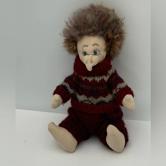 Handcrafted Plush Doll with Knitted Burgundy Sweater