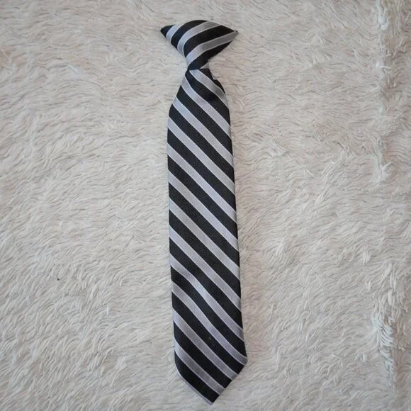Boys Clip-On Neck Tie, Black and Silver Striped, 11
