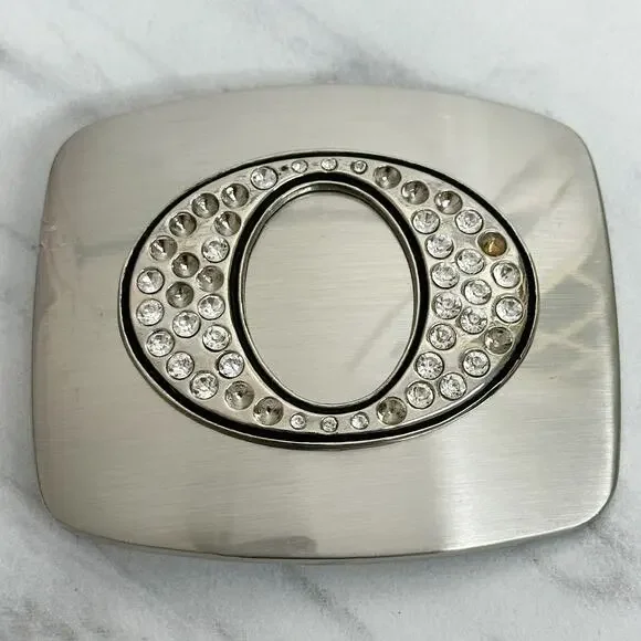 Rhinestone Studded O Letter Initial Monogram Silver Tone Belt Buckle