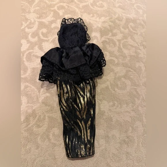 Vintage Barbie Doll Black and Gold Lace Dress