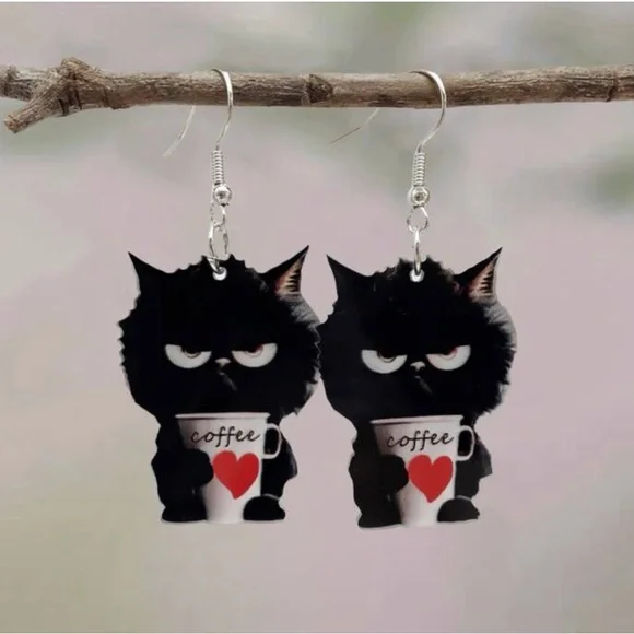Grumpy Cat Earrings with Coffee Cup Design