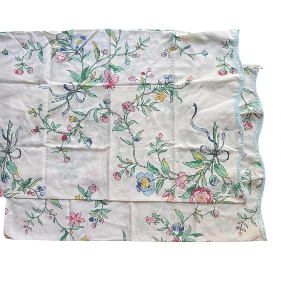 Vintage Floral Pillowcase Pair Standard White Pink Blue Scalloped Cottagecore