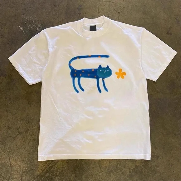 Gildan White Tee with Blue Cat and Orange Accent
