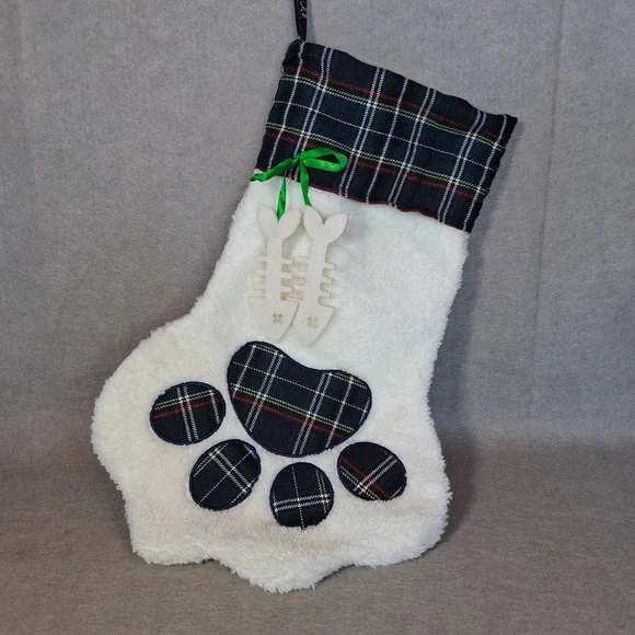 Cat Paw Christmas Stocking Plaid Cuff Fish Bone Charms White Sherpa Pet Holiday