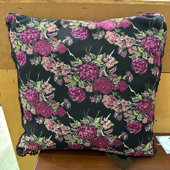 Nicole Miller Floral Beaded Sequin Black Purple Pillow Rose Crochet Fringe EUC!