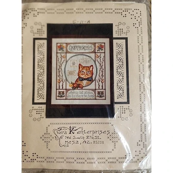Vera K Enterprises Happiness Cat Home Cross Stitch Kit NOS New Vintage Kitty
