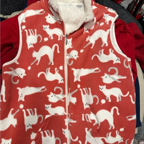 Hastings & Smith Cat Print Fleece Full Zip Vest Pockets Size L