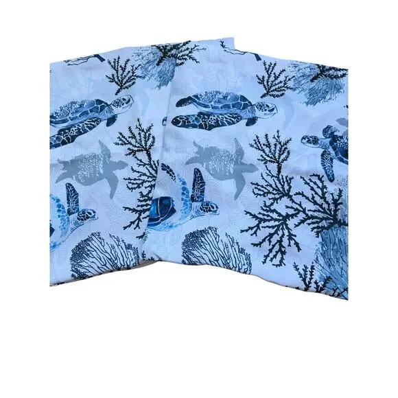 Handmade Sea Turtle Coral Pillowcases Coastal Nautical Blue White Print Set of 2