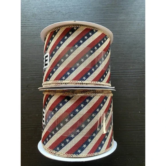 Two Spools Place&Time Patriotic Ribbon Stripped Blue, Red, Tan 4th of July Decor