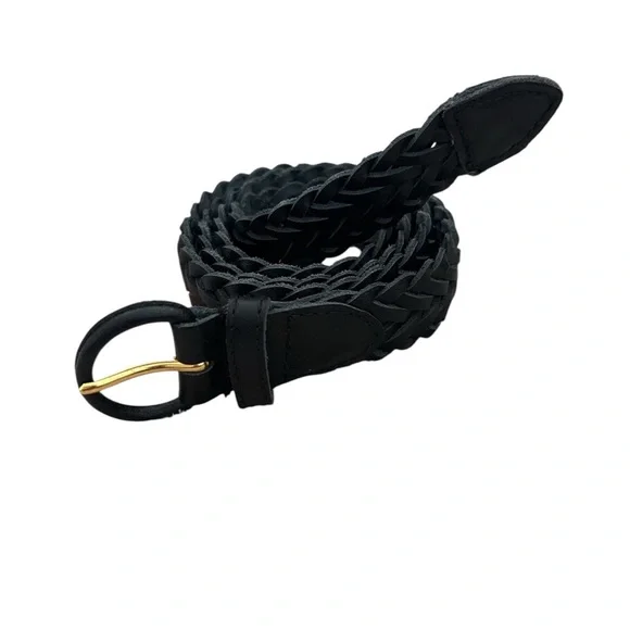 Black Braided Leather Belt with Gold Buckle Sz L