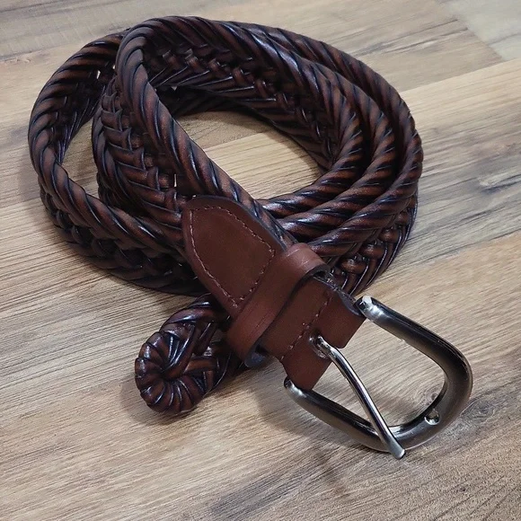 Black Brown Leather Woven Belt with Silvertone Buckle -38/40 (+/-)