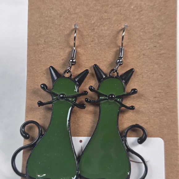 Green Cat Earrings
