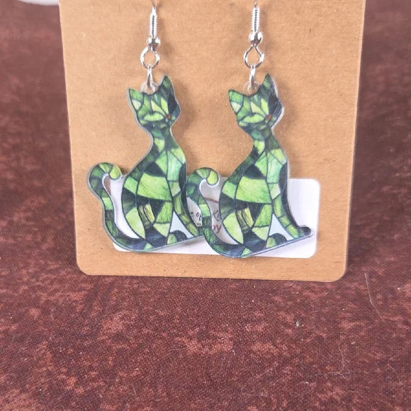 Green Cat Earrings