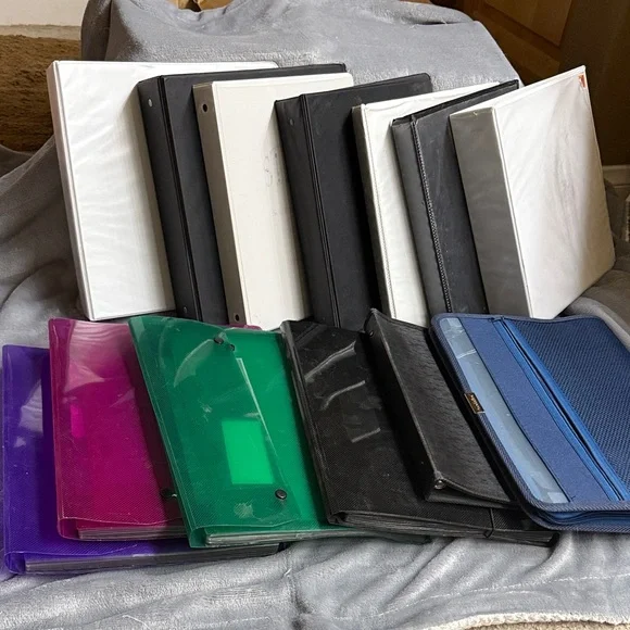 Assorted filing Cases, used binders and Accessories
