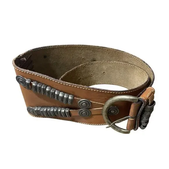 Vintage Handmade Leather Belt Brown Tooled Weightlifting Western Metal Girth