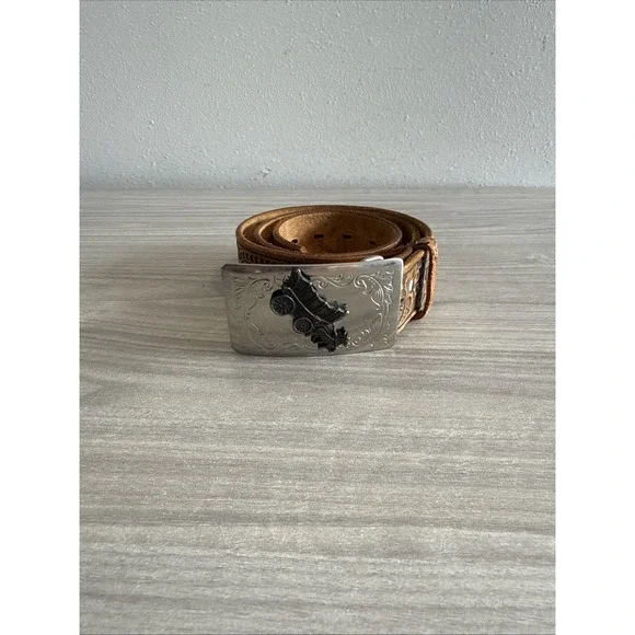 Vintage Cardat Leather Engraved Belt W Pioneer Buckle Unisex Sz 32 Made In USA