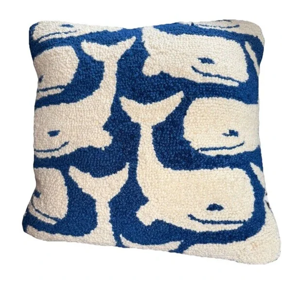 Mud Pie Whale Wool Pillow, 16” x 16” - Beach Seaside Ocean