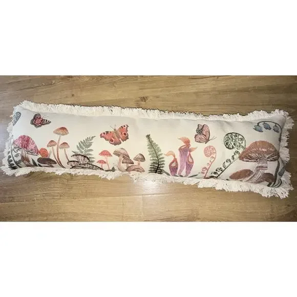 Whimsical Ivory Embroidered Mushroom Butterfly Lumbar Pillow 35x9”