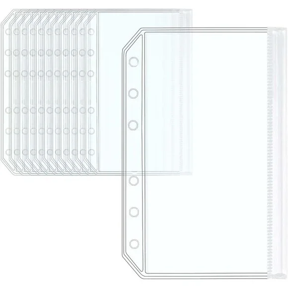 12 Clear A6 Cash & Document Envelopes - Zippered Binder Pockets for Organization