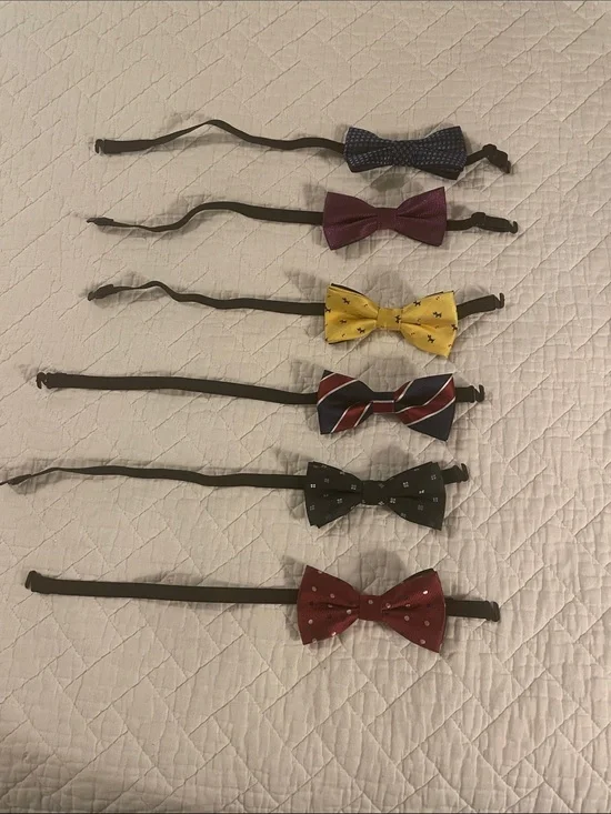 Set of Six Boy’s Pre-tied Bow Ties - Navy, Burgundy, Yellow, Striped, Black, Red