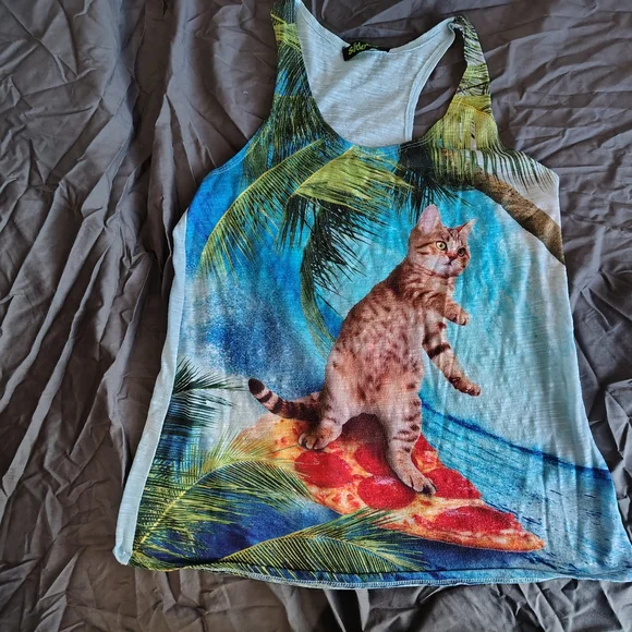 Cat Graphic Tank Top - Blue and Green