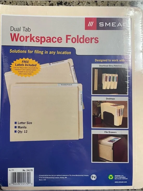 SMEAD #24170 Manila Dual Tab Workspace Folders - Manila (12 in Pack)