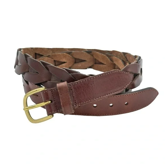 Brown Braided Woven Leather‎ Belt With Brass Buckle Size Medium
