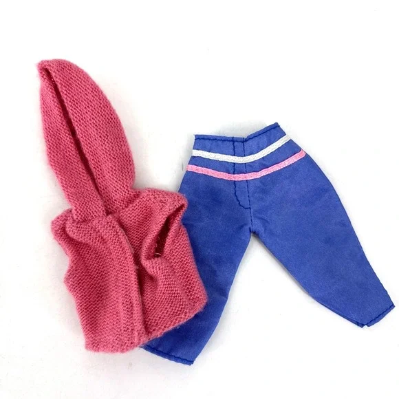 Barbie Outfit Vintage 90s Blue Capris & Pink Knit Sleeveless‎ Hoodie Shirt OOAK