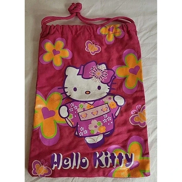 Sanrio Kimono Hello Kitty Drawstring Bag Pouch Pink Kawaii Fabric