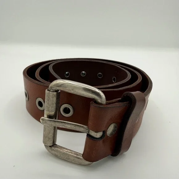 Reward by Bill Adler Brown Full Grain Leather Grommet Belt Silver Buckle 38