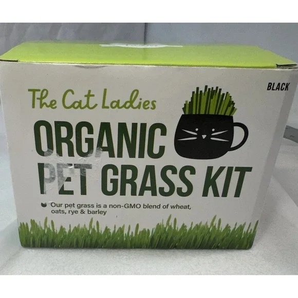 The Cat Ladies Organic Pet Grass Kit Black Cat Mug Non GMO Wheat Oats Rye Barley