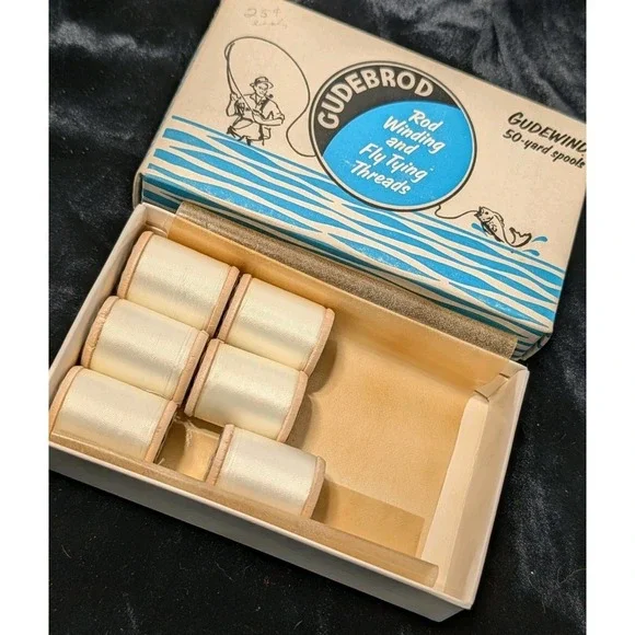 VTG Gudebrod Gudewind Thread Box Set White Wood Spools Rod‎ Winding Fly Tying