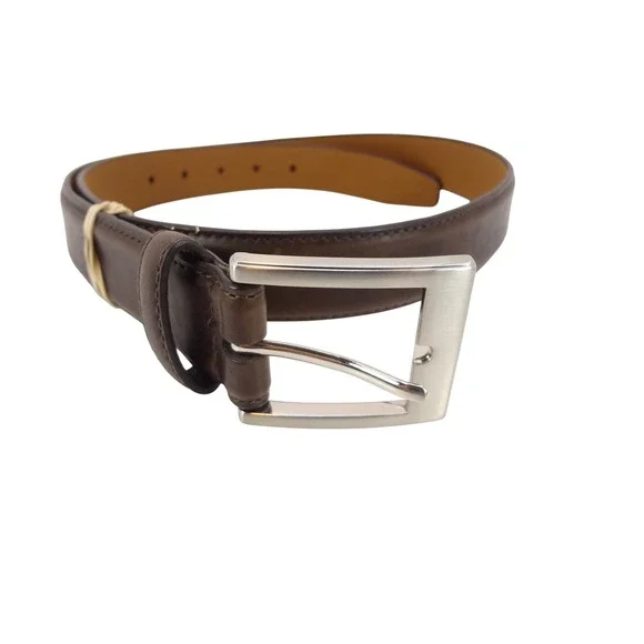 Leather Dress Belt Mens 34 Dark Brown Excellent Brushed Silver Buckle Classic