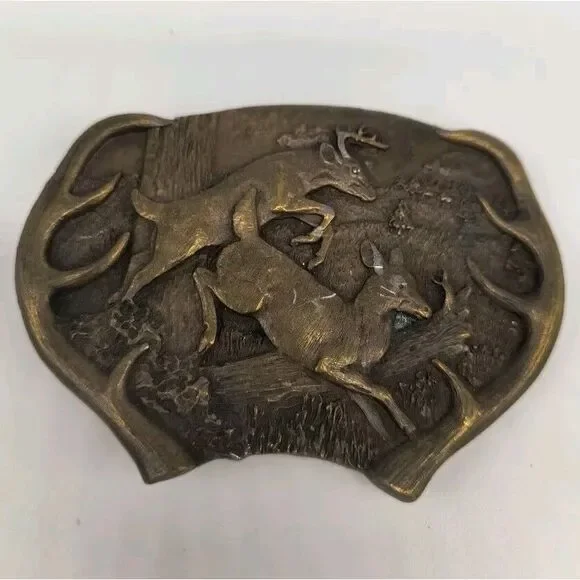 Vintage 1977 Bergamont Brass Works Belt Buckle Jumping Deer White Tail Antlers